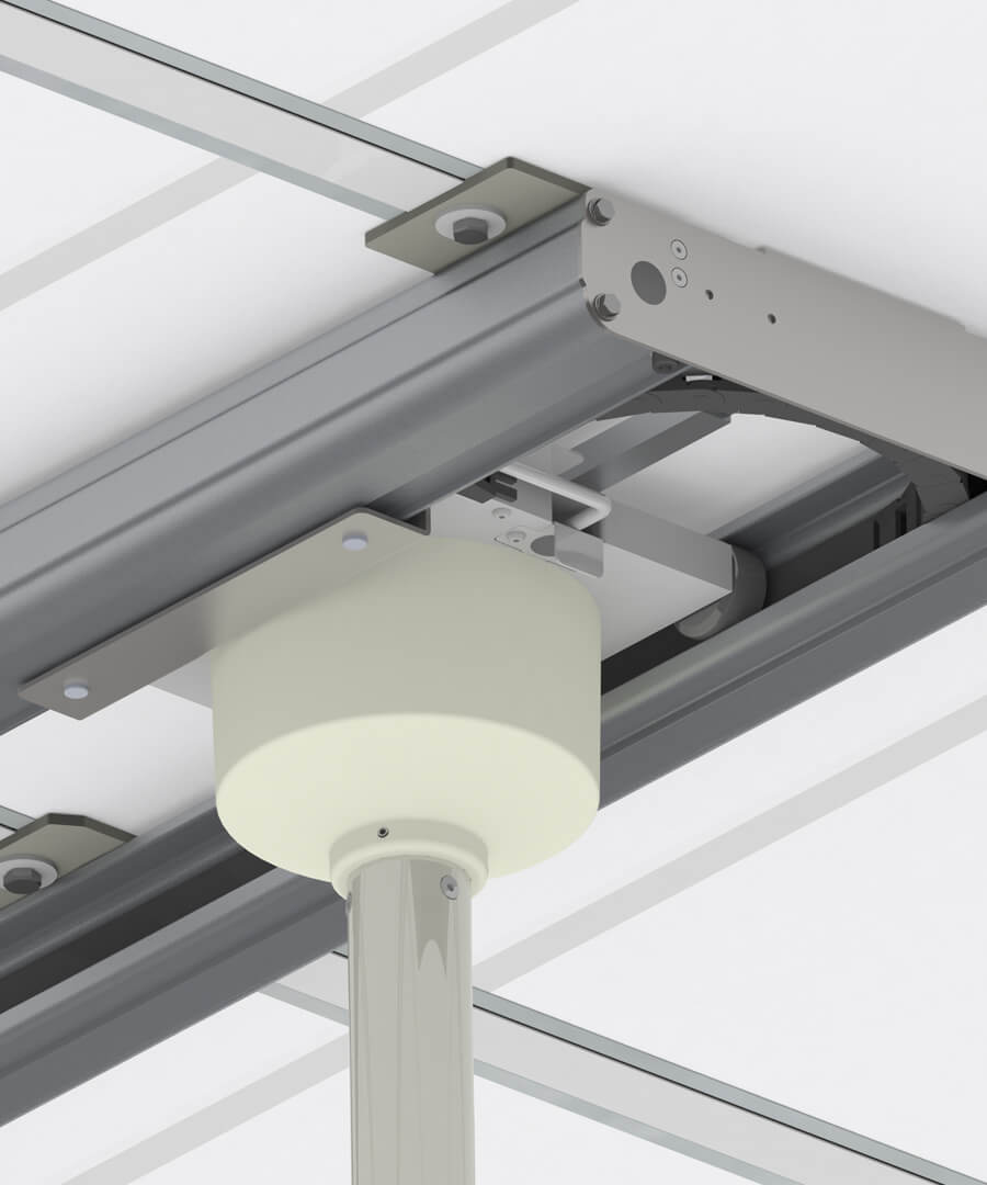 Ceiling track image showing carriage and cable management system