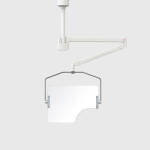 Suspended protective shield with horizontal pivot, statically mounted to the ceiling