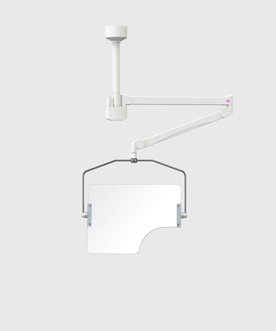 Suspended protective shield with horizontal pivot, statically mounted to the ceiling