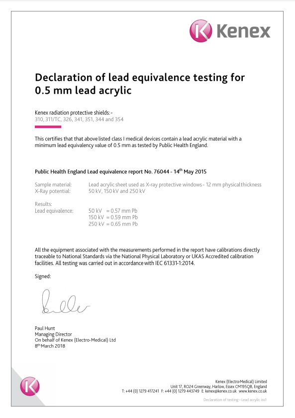 Certificate for Declaration of testing for lead acrylic