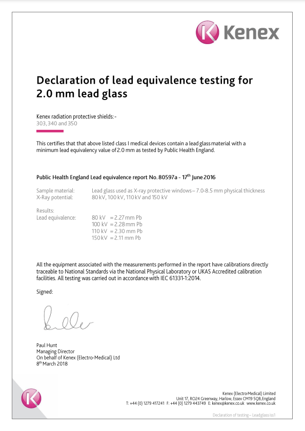 Certificate for Declaration of testing for lead glass